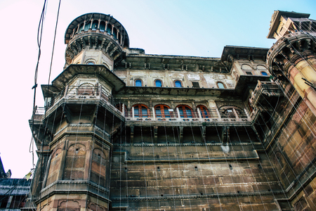 Varanasi India November 8, 2018 View of the facade of the building located at Varanasi ghats front the Ganga river in the afternoonのeditorial素材