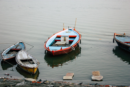 Varanasi India November 8, 2018 View of Indian boats parked at the Ganga river in Varanasi in the...