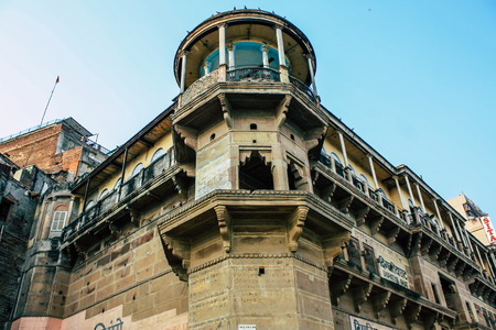 Varanasi India November 8, 2018 View of the facade of the building located at Varanasi ghats front the Ganga river in the afternoonのeditorial素材
