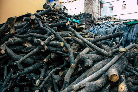 Varanasi India November 8, 2018 View of a sale of wood and a scale for cremation of bodies on the banks of the Ganga river in Varanasiのeditorial素材