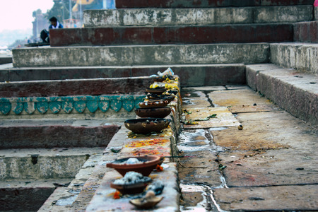 Varanasi India November 8, 2018 View of one of the holy swimming pool at the Varanasi ghats front the Ganga riverのeditorial素材