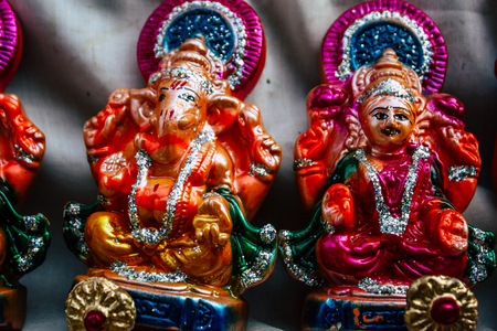 Varanasi India November 7, 2018 View of traditional decorative objects sold in the street for Diwali festival in Varanasi in the nightのeditorial素材