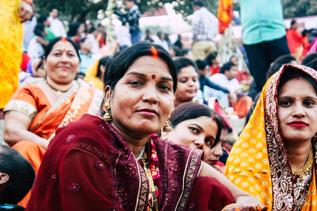 Varanasi India November 11, 2018 View of unknowns Indians people attenting and celebrating Dev Deepavali on the banks of the Ganges river in the afternoonのeditorial素材