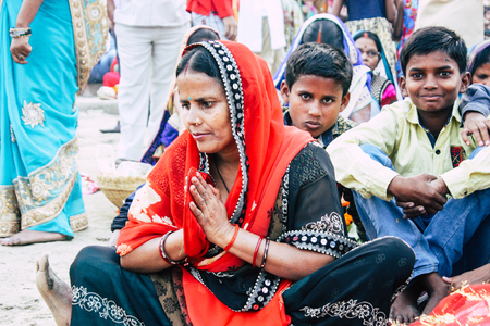 Varanasi India November 11, 2018 View of unknowns Indians people attenting and celebrating Dev Deepavali on the banks of the Ganges river in the afternoonのeditorial素材