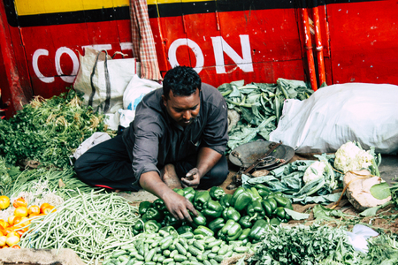 Varanasi India November 11, 2018 View of unknown Indian seller at the vegetables market located in the street front the entry of the Dashashwamedh ghat in the morningのeditorial素材