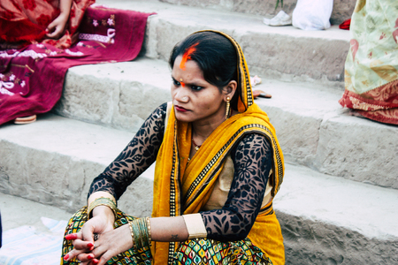 Varanasi India November 11, 2018 View of unknowns Indians people attenting and celebrating Dev Deepavali on the banks of the Ganges river in the afternoonのeditorial素材