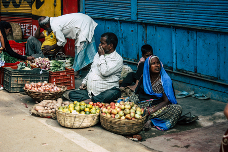 Varanasi India November 11, 2018 View of unknown Indian seller at the vegetables market located in...