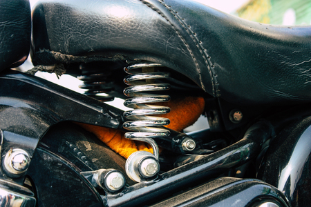 Varanasi India November 12, 2018 Closeup of a classic Royal Enfield motorcycle parked in the streets of Varanasi in the morningのeditorial素材