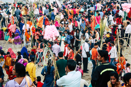 Varanasi India November 11, 2018 View of unknowns Indians people attenting and celebrating Dev Deepavali on the banks of the Ganges river in the afternoonのeditorial素材