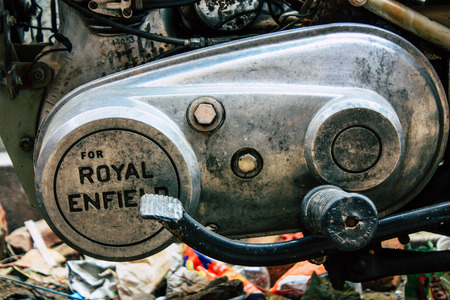 Varanasi India November 11, 2018 Closeup of a old Royal Enfield motorcycle parked in the streets of Varanasi in the morningのeditorial素材