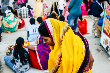 Varanasi India November 11, 2018 View of unknowns Indians people attenting and celebrating Dev Deepavali on the banks of the Ganges river in the afternoonのeditorial素材
