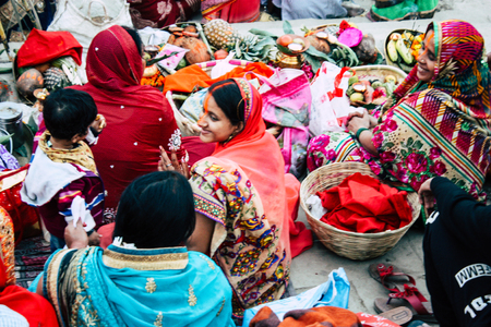 Varanasi India November 11, 2018 View of unknowns Indians people attenting and celebrating Dev Deepavali on the banks of the Ganges river in the afternoonのeditorial素材