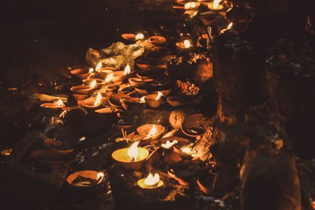 Varanasi India November 7, 2018 View of traditional candles for Diwali festival in the streets of Varanasi in the nightのeditorial素材