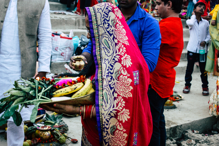 Varanasi India November 11, 2018 View of unknowns Indians people attenting and celebrating Dev Deepavali on the banks of the Ganges river in the afternoonのeditorial素材