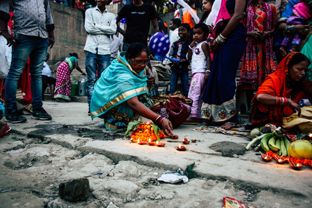 Varanasi India November 11, 2018 View of unknowns Indians people attenting and celebrating Dev Deepavali on the banks of the Ganges river in the afternoonのeditorial素材