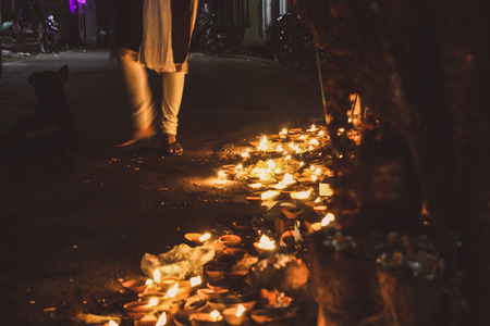 Varanasi India November 7, 2018 View of traditional candles for Diwali festival in the streets of Varanasi in the nightのeditorial素材