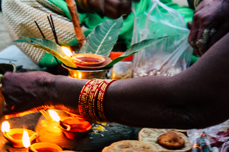 Varanasi India November 11, 2018 View of unknowns Indians people attenting and celebrating Dev Deepavali on the banks of the Ganges river in the afternoonのeditorial素材