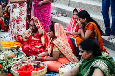 Varanasi India November 11, 2018 View of unknowns Indians people attenting and celebrating Dev Deepavali on the banks of the Ganges river in the afternoonのeditorial素材