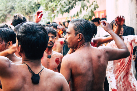 Varanasi India November 17, 2018 View of unknowns Shiite  Muslims use chains and blades during...