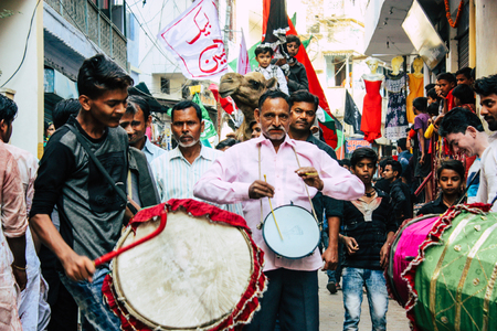 Varanasi India November 17, 2018 View of unknowns musicians playing in a procession as part of the Ashura commemorations in the Arabian district of Varanasi  in the morningのeditorial素材