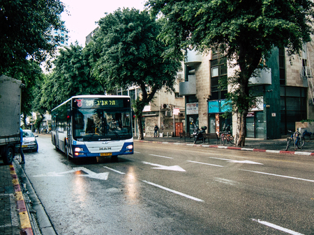 Tel Aviv Israel November 23, 2018 View of a classic Israeli city bus in the traffic circulation in...