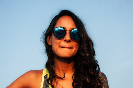 OM beach Gokarna Karnataka India November 30, 2018 Portrait of Reachel Singh, Dutch professional singer performing her latest album on the beach during the sunsetのeditorial素材