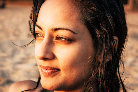 OM beach Gokarna Karnataka India December 1, 2018 Portrait of Reachel Singh, Dutch professional singer having fun on the beach in the afternoonのeditorial素材