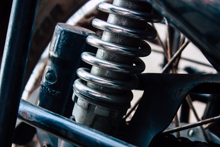 Gokarna Karnataka India December 07, 2018 Closeup of a classic Royal Enfield motorcycle parked in...