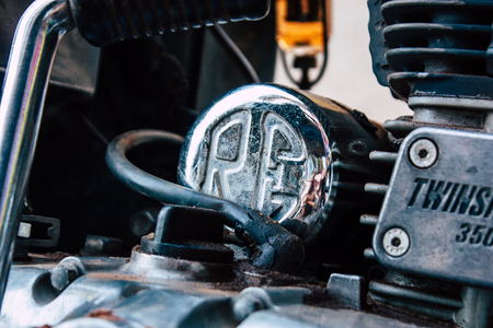 Gokarna Karnataka India December 07, 2018 Closeup of a classic Royal Enfield motorcycle parked in the main street of Gokarna in the morningのeditorial素材
