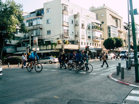 Tel Aviv Israel December 03, 2018 View of unknown Israeli people with a bicycle driving in David BEN...