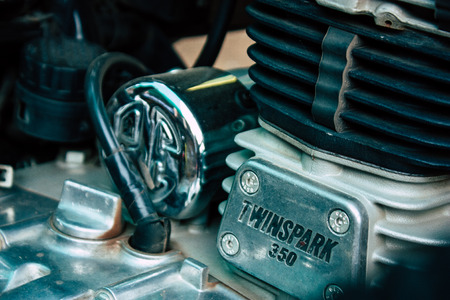 Gokarna Karnataka India December 07, 2018 Closeup of a classic Royal Enfield motorcycle parked in the main street of Gokarna in the morningのeditorial素材