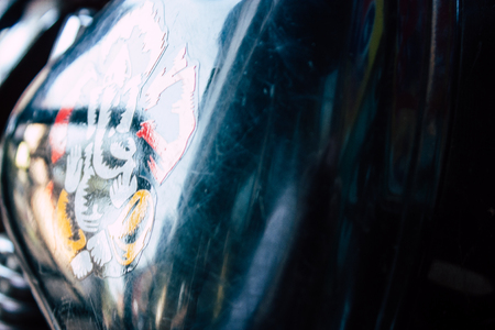 Gokarna Karnataka India December 07, 2018 Closeup of a classic Royal Enfield motorcycle parked in the main street of Gokarna in the morningのeditorial素材