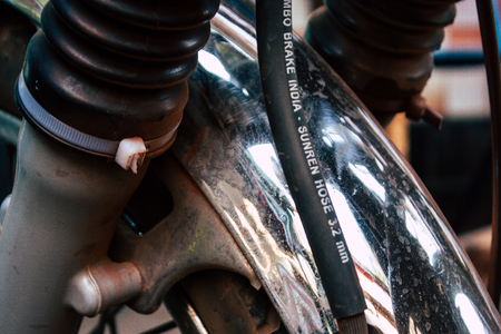 Gokarna Karnataka India December 07, 2018 Closeup of a classic Royal Enfield motorcycle parked in...