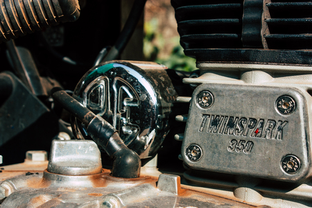 Gokarna Karnataka India December 07, 2018 Closeup of a classic Royal Enfield motorcycle parked in the main street of Gokarna in the morningのeditorial素材