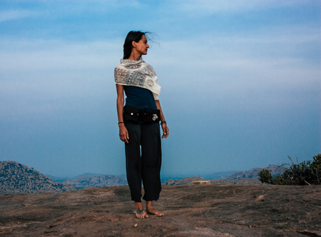 Hampi Karnataka India December 18, 2018 Portrait of Reachel Singh, Dutch professional singer taking inspiration at Hanuman temple in southern Indiaのeditorial素材