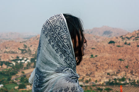 Portrait of Reachel Singh, Dutch professional singer taking inspiration at Hanuman temple in southern Indiaの写真素材