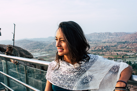 Hampi Karnataka India December 18, 2018 Portrait of Reachel Singh, Dutch professional singer taking inspiration at Hanuman temple in southern Indiaのeditorial素材