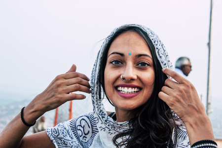 Hampi Karnataka India December 18, 2018 Portrait of Reachel Singh, Dutch professional singer taking inspiration at Hanuman temple in southern Indiaのeditorial素材