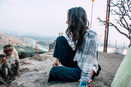 Hampi Karnataka India December 18, 2018 Portrait of Reachel Singh, Dutch professional singer taking inspiration at Hanuman temple in southern Indiaのeditorial素材