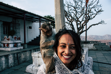 Hampi Karnataka India December 18, 2018 Portrait of Reachel Singh, Dutch professional singer taking inspiration at Hanuman temple in southern Indiaのeditorial素材