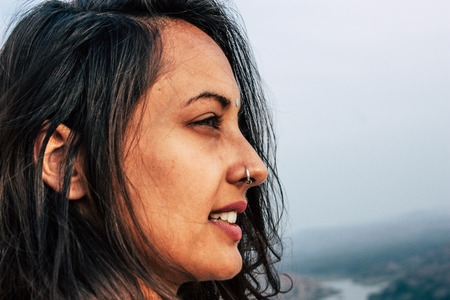 Hampi Karnataka India December 18, 2018 Portrait of Reachel Singh, Dutch professional singer taking inspiration at Hanuman temple in southern Indiaのeditorial素材