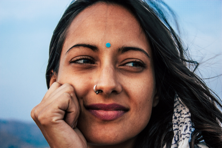 Hampi Karnataka India December 18, 2018 Portrait of Reachel Singh, Dutch professional singer taking inspiration at Hanuman temple in southern Indiaのeditorial素材