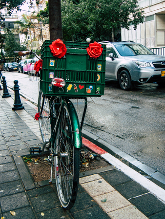 Tel Aviv Israel December 21, 2018 View of bicycles parked in the streets of Tel Aviv in the morningのeditorial素材