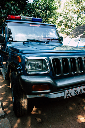Hampi Karnataka India December 22, 2018 View of a traditional Indian blue police car parked in the streets of Hampi in the morningのeditorial素材