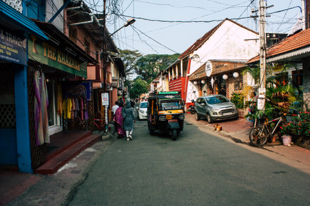 Fort Cochin Kerala India December 31, 2018 View of unknown people walking in Princess street at Fort Cochin in the eveningのeditorial素材