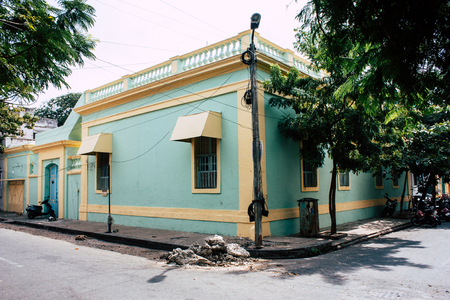 Pondicherry Tamil Nadu India January 21, 2018 View of the Labourdonnais street located at White Town district in the french colonial city of Pondicherry in the morningのeditorial素材