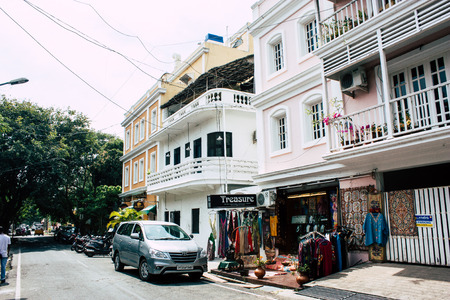 Pondicherry Tamil Nadu India January 21, 2018 View of the Labourdonnais street located at White Town district in the french colonial city of Pondicherry in the morningのeditorial素材