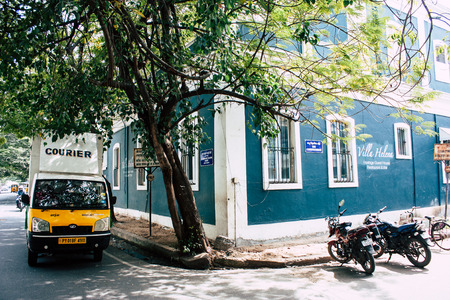 Pondicherry Tamil Nadu India January 21, 2018 View of the Labourdonnais street located at White Town district in the french colonial city of Pondicherry in the morningのeditorial素材