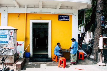 Pondicherry Tamil Nadu India January 21, 2018 View of the Labourdonnais street located at White Town district in the french colonial city of Pondicherry in the morningのeditorial素材