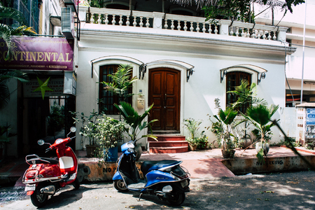 Pondicherry Tamil Nadu India January 21, 2018 View of the Labourdonnais street located at White Town district in the french colonial city of Pondicherry in the morningのeditorial素材